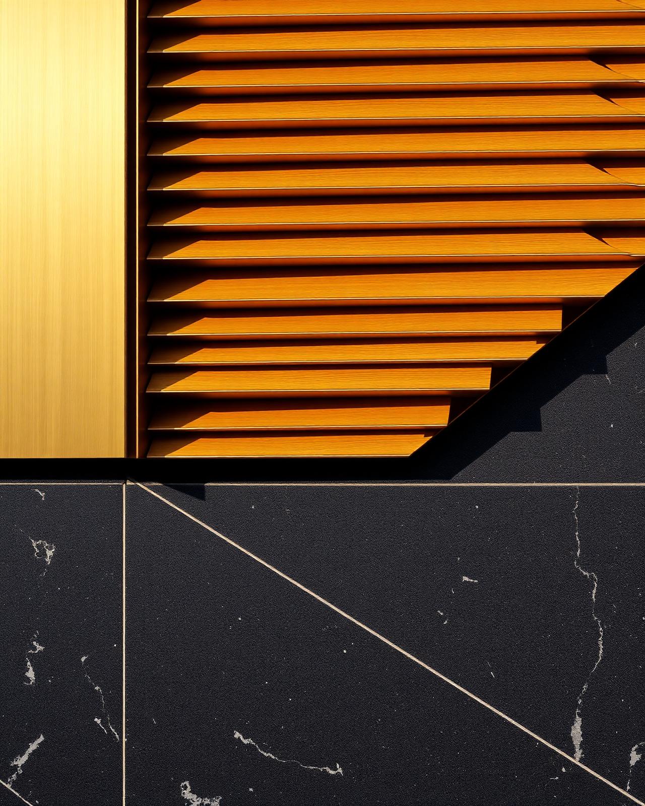 Goldene Architektur-Lamellen auf schwarzem Stein